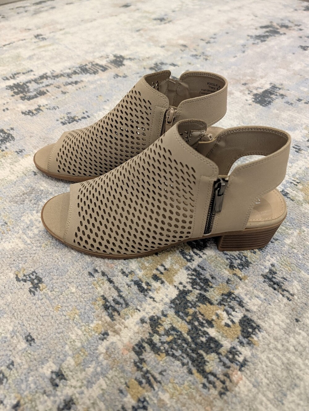 Like New! Beige Perforated Peep-Toe Block Heel Booties